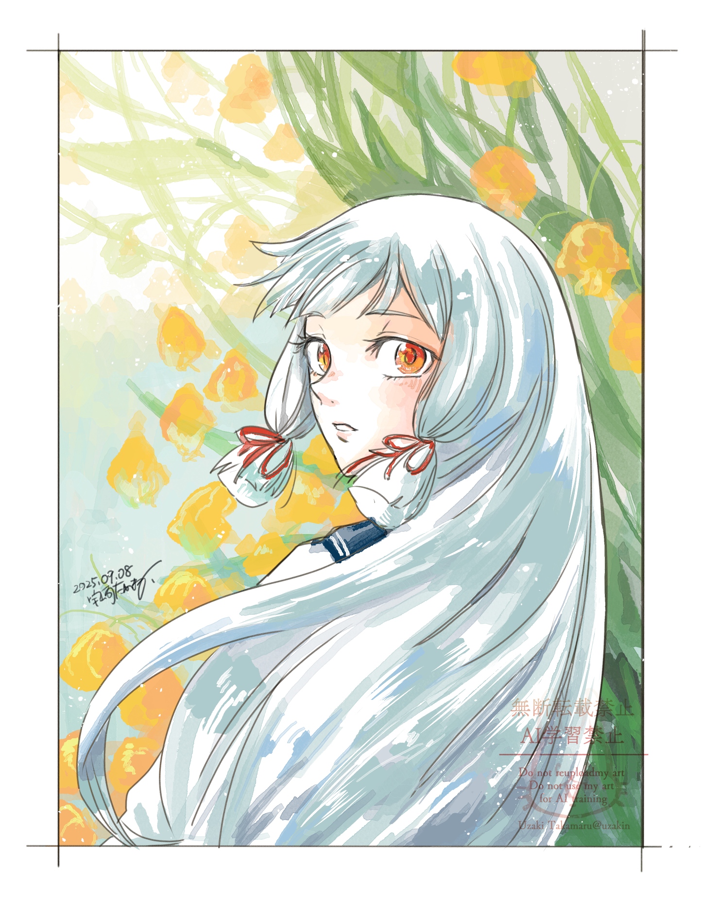 uzaki (jiro), murakumo (kancolle), kantai collection, commentary request, highres, 1girl, blue sailor collar, floral background, flower, from behind, grey hair, long hair, looking at viewer, looking back, orange eyes, orange flower, sailor collar, sandersonia (flower), solo, watermark, yellow flower