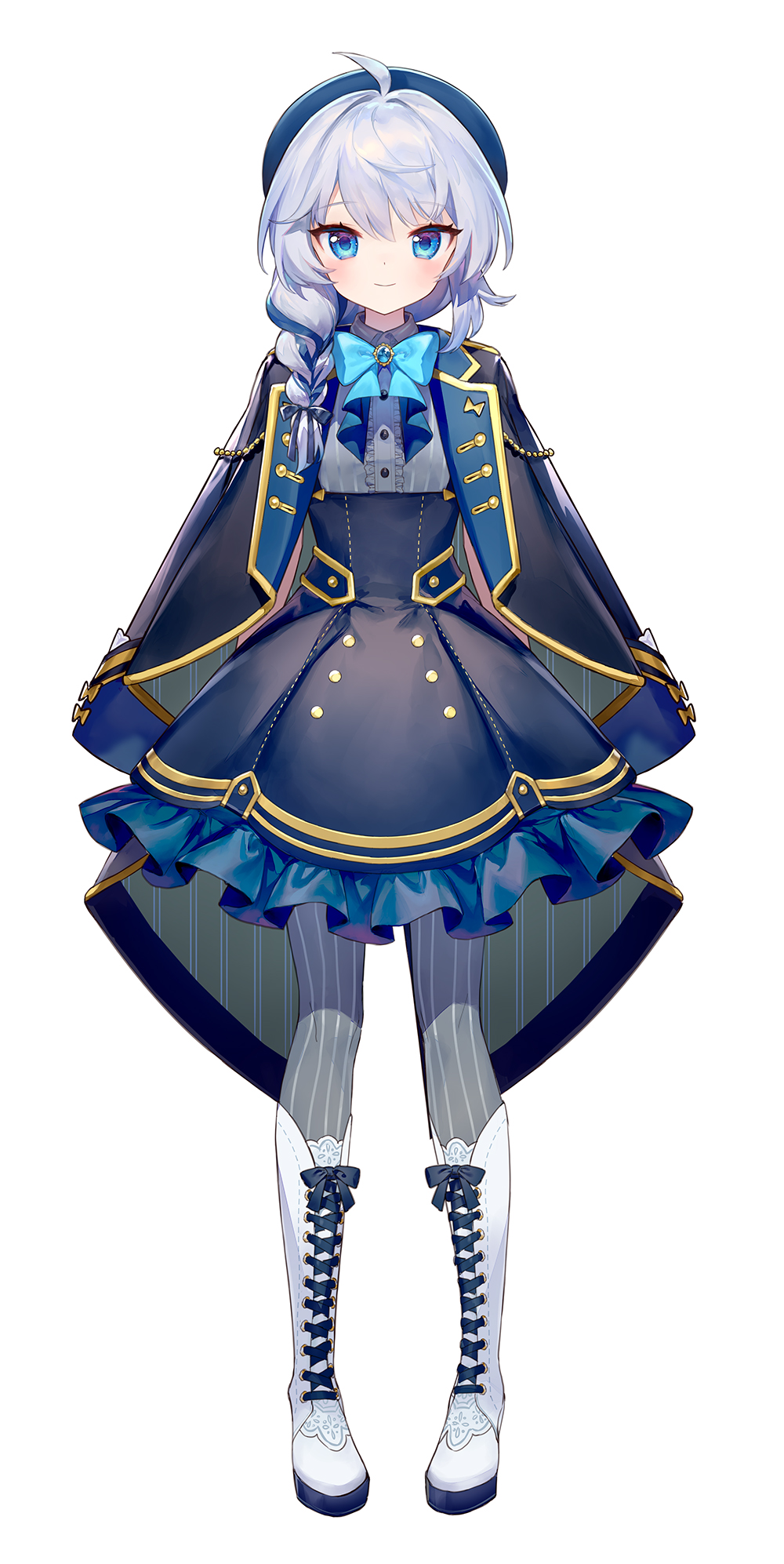 ainy, indie virtual youtuber, commentary request, highres, 1girl, ahoge, ayase koito, black cape, blue bow, blue bowtie, blue dress, blue hair, blue hat, blush, boots, bow, bowtie, cape, closed mouth, dress, frilled dress, frills, full body, grey pantyhose, hat, lace-up boots, long hair, long sleeves, looking at viewer, pantyhose, simple background, sleeves past fingers, sleeves past wrists, smile, solo, standing, striped clothes, striped pantyhose, virtual youtuber, white background, white boots