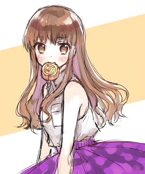 nutschan24, kishinami hakuno (female), fate/extra, fate (series), commentary request, 1girl, bare shoulders, blush, border, breast pocket, brown eyes, brown hair, cinnamon roll, collared shirt, colored inner hair, food in mouth, from side, hair between eyes, long hair, looking at viewer, multicolored hair, outside border, pocket, purple hair, purple skirt, shirt, sidelocks, simple background, skirt, sleeveless, sleeveless shirt, solo, standing, wavy hair, white border, white shirt, yellow background