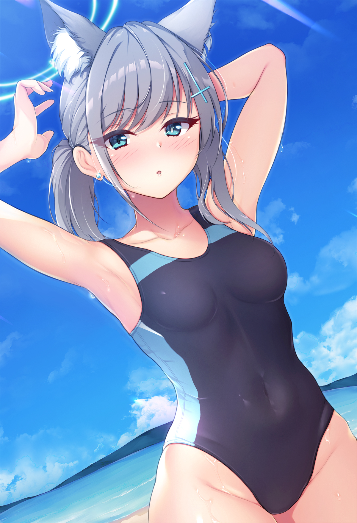 shiroko (blue archive), shiroko (swimsuit) (blue archive), blue archive, commentary request, highres, 1girl, animal ear fluff, animal ears, beach, black one-piece swimsuit, blue eyes, blue sky, breasts, cloud, competition swimsuit, covered navel, cross hair ornament, day, dutch angle, extra ears, grey hair, hair ornament, halo, hayash, low ponytail, medium breasts, medium hair, mismatched pupils, mountainous horizon, multicolored swimsuit, ocean, official alternate costume, one-piece swimsuit, outdoors, ponytail, sky, solo, swimsuit, wolf ears