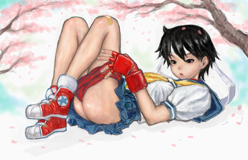 ponsuke (pon00000), kasugano sakura, capcom, street fighter, bad id, bad pixiv id, 1girl, ass, bandaid, bandaid on knee, bandaid on leg, black eyes, black hair, blue sailor collar, buruma, buruma pull, cherry blossoms, clothes pull, female focus, from side, full body, headband, knees up, lying, on back, petals, pleated skirt, pulling own clothes, sailor collar, school uniform, serafuku, skirt, solo, tree, undressing