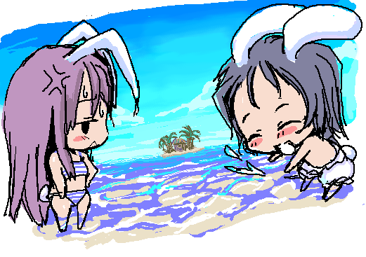 baku taso, itigekimaru, inaba tewi, reisen udongein inaba, touhou, 2girls, animal ears, beach, bikini, chibi, female focus, multiple girls, nature, ocean, outdoors, plant, rabbit ears, sky, striped bikini, striped clothes, swimsuit