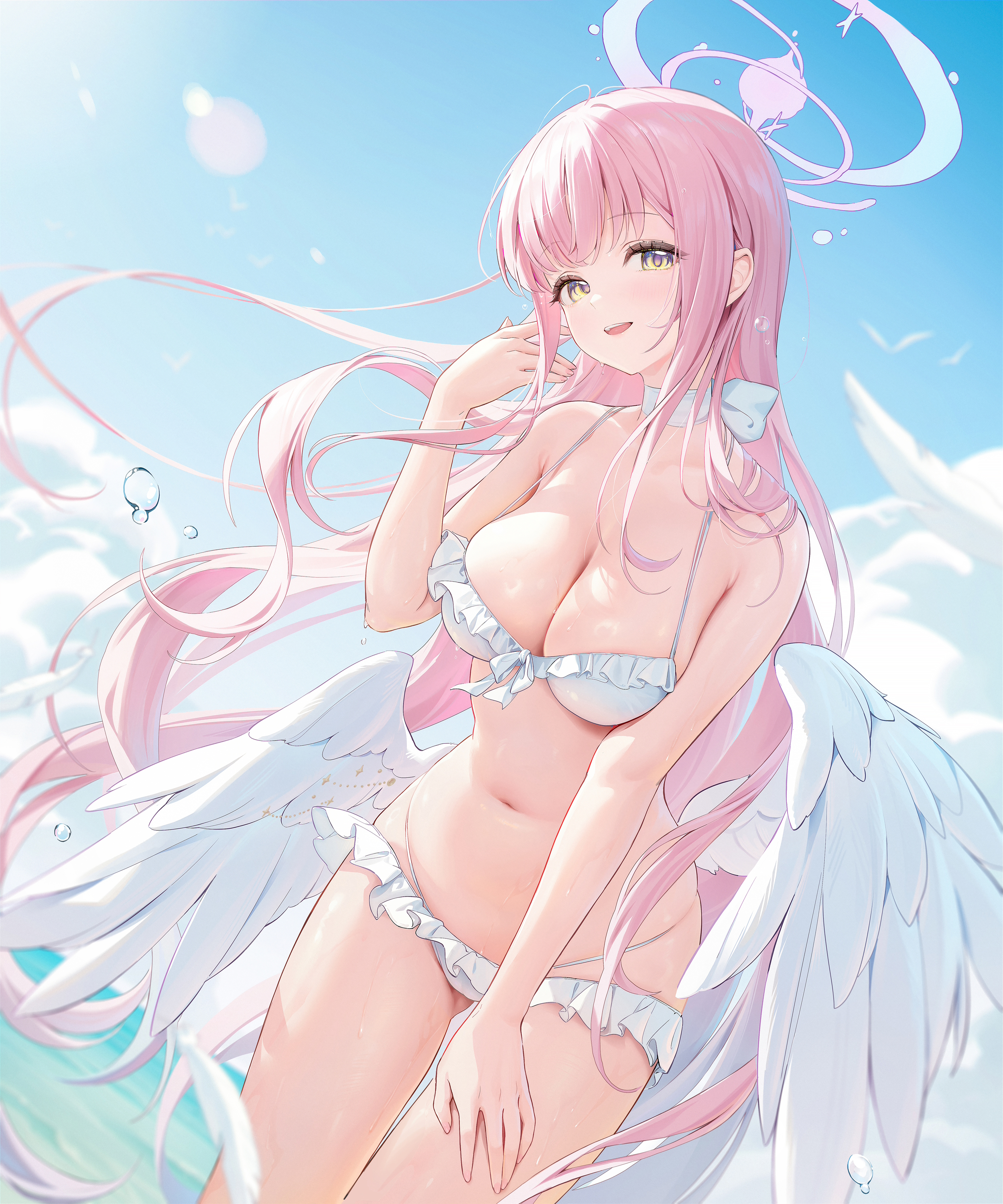 houkisei, mika (blue archive), mika (swimsuit) (blue archive), blue archive, absurdres, commentary request, duplicate, highres, paid reward available, 1girl, :d, angel wings, bikini, blue sky, breasts, cloud, day, feathered wings, feathers, halo, large breasts, long hair, low wings, navel, official alternate costume, open mouth, outdoors, oversized wings, pink hair, pink halo, sky, smile, solo, stomach, swimsuit, water, wet, white bikini, white feathers, white wings, wings, yellow eyes