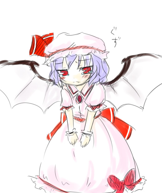 suzu (yumesora), remilia scarlet, touhou, 1girl, bat wings, female focus, red eyes, solo, tears, wings