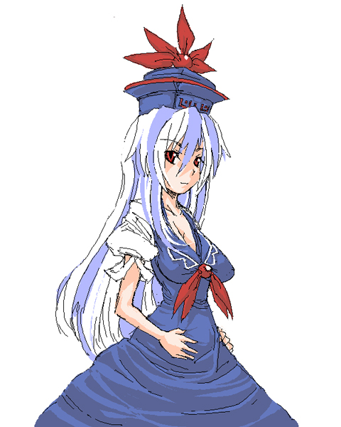 mirutonia (violet), kamishirasawa keine, touhou, bad id, bad pixiv id, 1girl, breasts, cleavage, female focus, hands on own hips, hands on own stomach, hat, jewelry, large breasts, long hair, red eyes, simple background, solo, white background, white hair