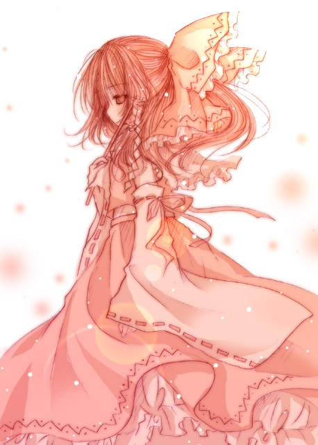 kasuga sunao, hakurei reimu, touhou, bad id, bad pixiv id, 1girl, ascot, bow, detached sleeves, female focus, gohei, hair bow, hair tubes, japanese clothes, long skirt, midriff, miko, monochrome, orange theme, profile, skirt, skirt set, smile, solo