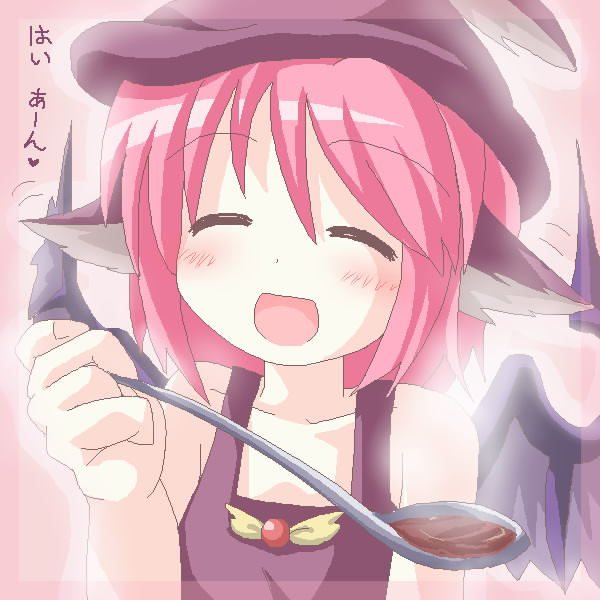 des (namaasi), mystia lorelei, touhou, 1girl, animal ears, apron, blush, closed eyes, feeding, female focus, food, hat, holding, holding spoon, incoming food, naked apron, pink hair, pov feeding, solo, spoon, wings