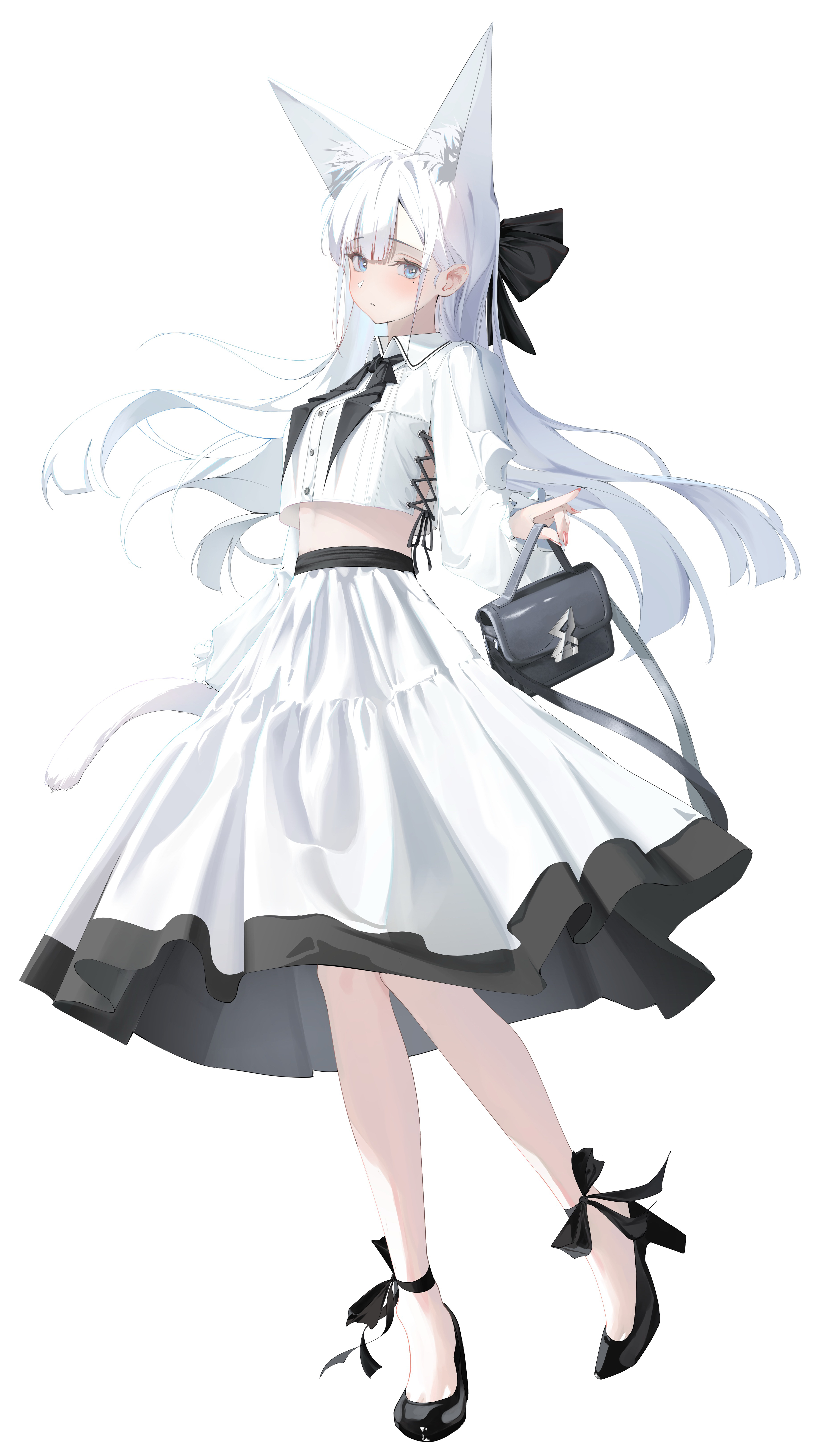 tanishi (hetianming11093), original, absurdres, highres, 1girl, animal ear fluff, animal ears, bag, black bag, black bow, black shoes, blush, bow, closed mouth, extra ears, hair behind ear, hair bow, high heels, holding, holding bag, long hair, looking at viewer, midriff, shirt, shoes, skirt, solo, tail, white hair, white shirt, white skirt