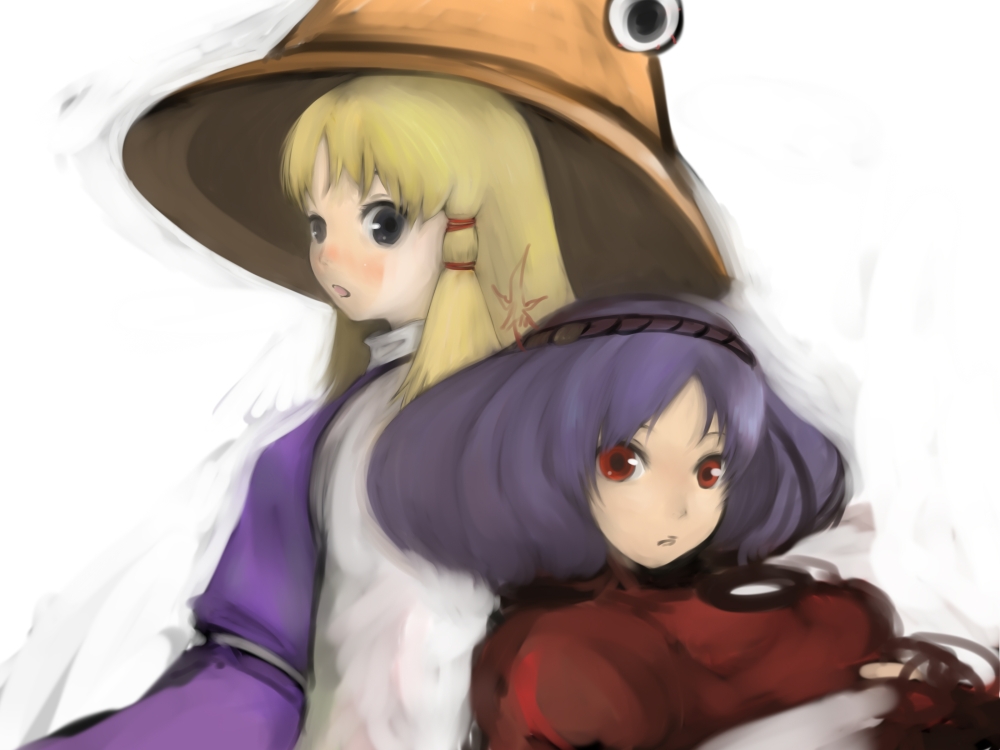 inoe, inoe (noie), moriya suwako, yasaka kanako, touhou, bad id, bad pixiv id, 2girls, back-to-back, blonde hair, female focus, hat, multiple girls, purple hair, red eyes