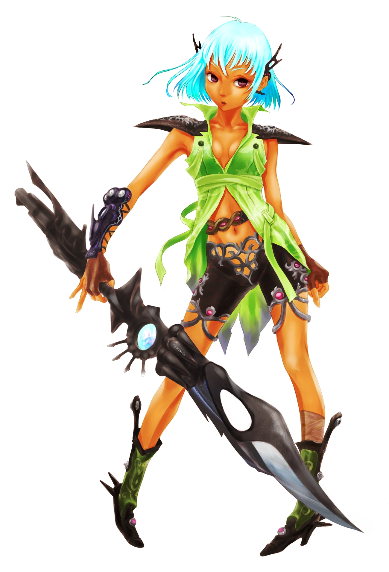 terumin, highres, 1girl, aqua hair, blue hair, boots, breasts, breasts apart, cleavage, collarbone, dark-skinned female, dark skin, female focus, flat chest, full body, green shirt, holding, holding weapon, looking at viewer, navel, pigeon-toed, revealing clothes, shirt, short hair, shorts, shoulder pads, simple background, sleeveless, sleeveless shirt, solo, standing, sword, weapon, white background