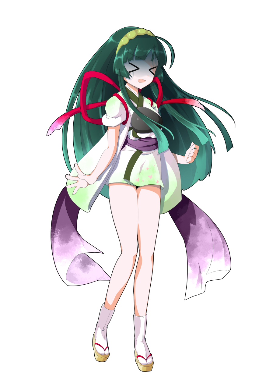 dairi, touhoku zunko, voiceroid, commentary request, highres, large variant set, variant set, 1girl, armor, blunt bangs, breastplate, full body, green hair, green hairband, hairband, japanese clothes, kimono, purple sash, red ribbon, ribbon, sandals, sash, sleeves rolled up, socks, solo, standing, standing on one leg, tachi-e, tasuki, transparent background, white kimono, white socks