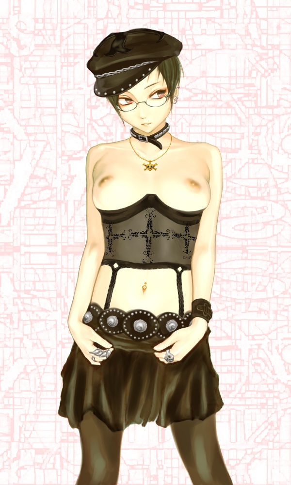 terumin, ise nanao, original, 1girl, alternate costume, breasts, collar, corset, earrings, female focus, glasses, green hair, hat, jewelry, large breasts, navel, navel piercing, newsboy cap, pantyhose, piercing, punk, ring, short hair, skirt, solo, wristband
