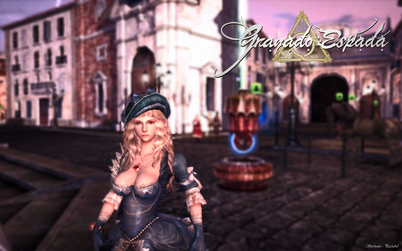 warlock, granado espada, highres, 1girl, breasts, cleavage, dress, elementalist, game, gloves, hat, jewelry, large breasts, necklace