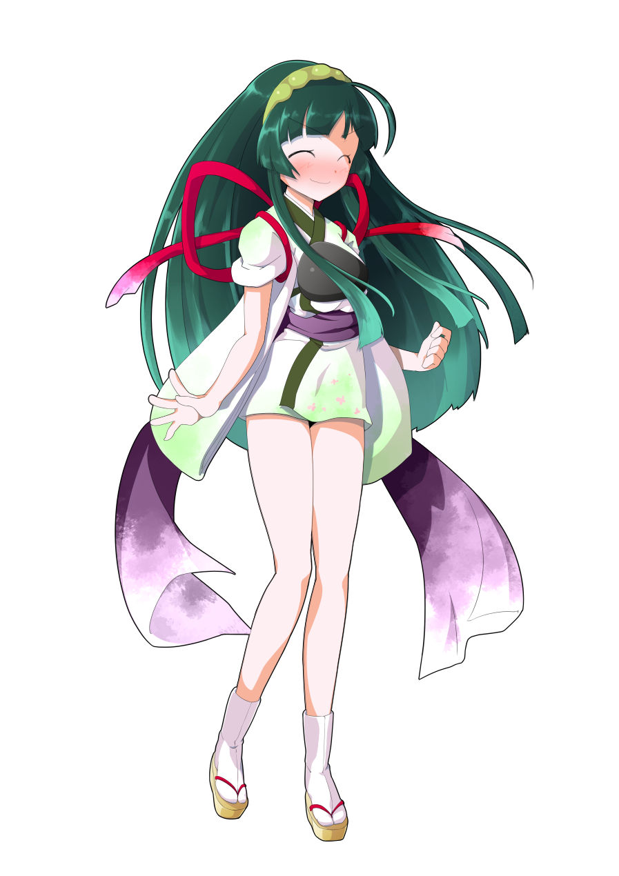 dairi, touhoku zunko, voiceroid, commentary request, highres, large variant set, variant set, 1girl, armor, blunt bangs, blush, breastplate, full body, green hair, green hairband, hairband, japanese clothes, kimono, purple sash, red ribbon, ribbon, sandals, sash, sleeves rolled up, socks, solo, standing, standing on one leg, tachi-e, tasuki, transparent background, white kimono, white socks