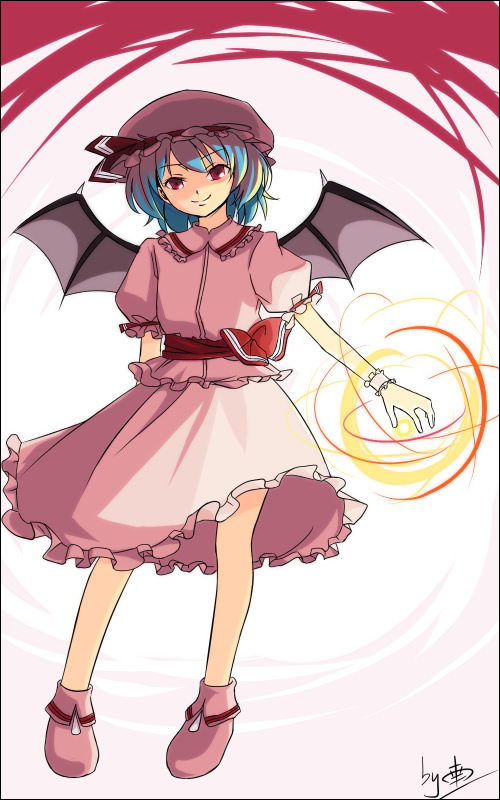 cuteminami, remilia scarlet, touhou, bad id, bad pixiv id, 1girl, bat wings, blue hair, female focus, full body, hat, ribbon, short hair, skirt, solo, wings