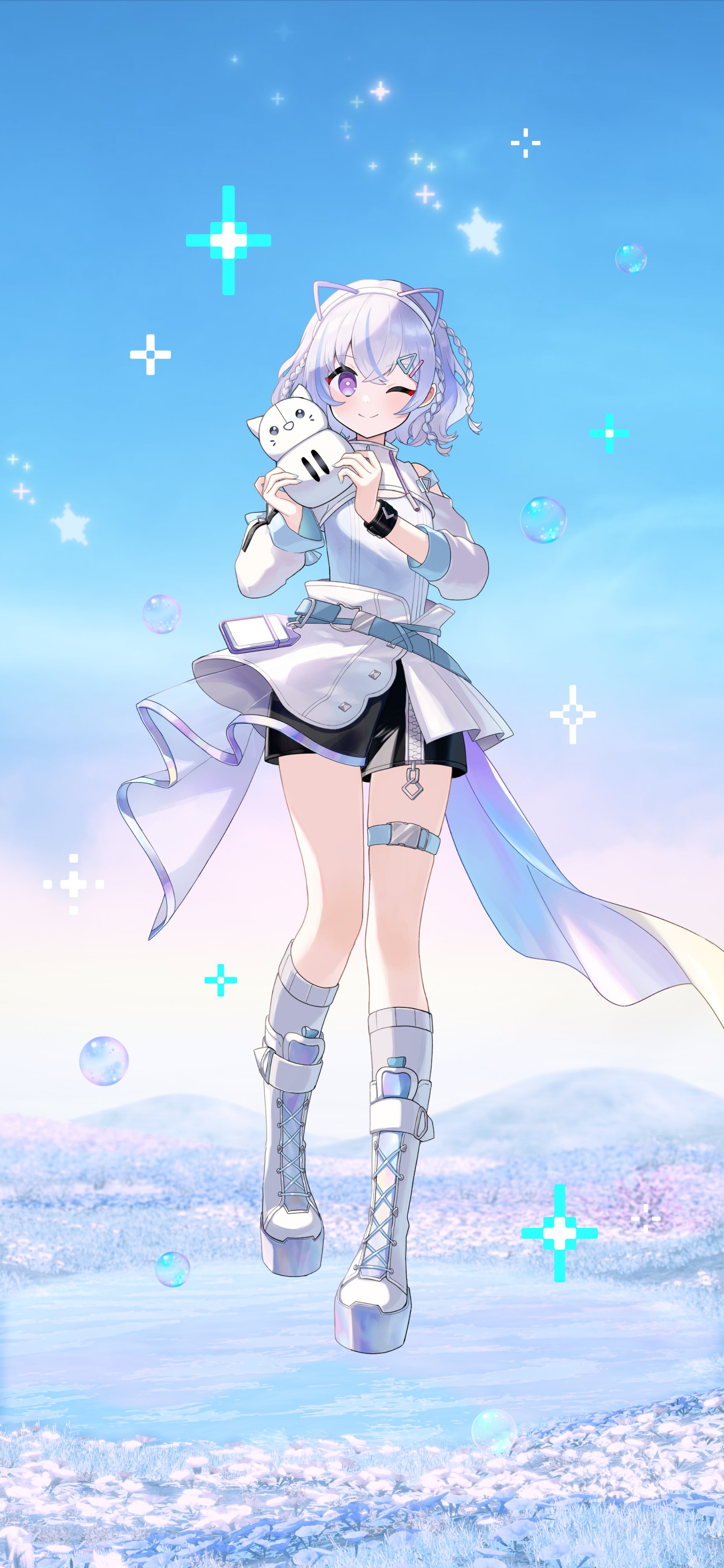 merry-san, shirasu (iriam), miria (iriam), iriam, absurdres, commentary, highres, official art, second-party source, symbol-only commentary, 1girl, ;), animal ear hairband, animal ears, belt, black shorts, blue belt, blue hair, blue shirt, boots, braid, cat ear hairband, cat ears, fake animal ears, hairband, holding, kneehighs, multicolored hair, one eye closed, purple eyes, shirt, shorts, shorts under skirt, shrug (clothing), skirt, smile, socks, solo, star (symbol), streaked hair, thigh strap, white boots, white hair, white shrug, white skirt, white socks