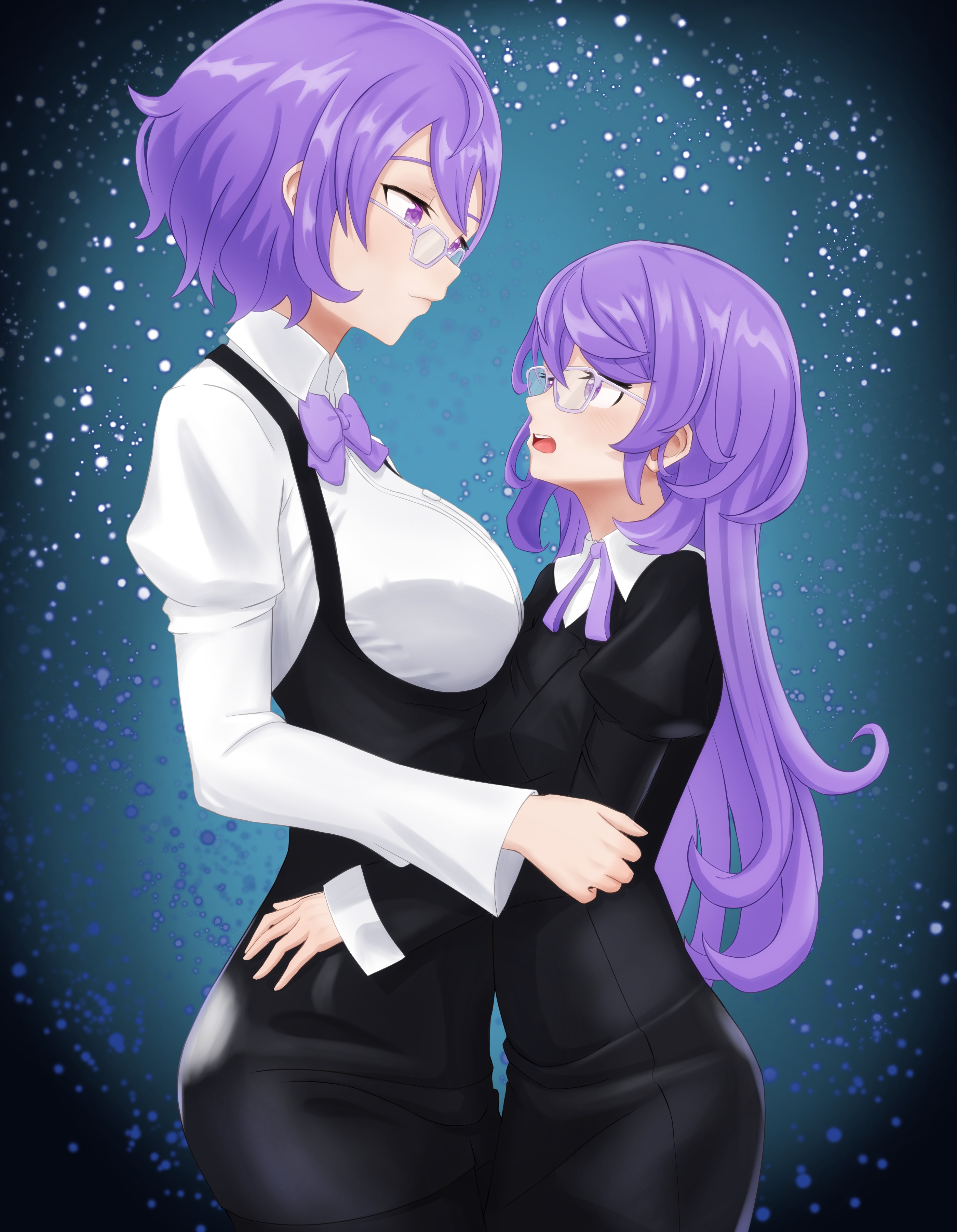 omeka gamma, mikagura mirei, digimon, digimon story: time stranger, digimon world re:digitize, absurdres, highres, 2girls, black dress, black skirt, breasts, cowboy shot, dress, dual persona, glasses, large breasts, long hair, multiple girls, pantyhose, purple eyes, purple hair, shirt, short hair, skirt, suspender skirt, suspenders, white shirt