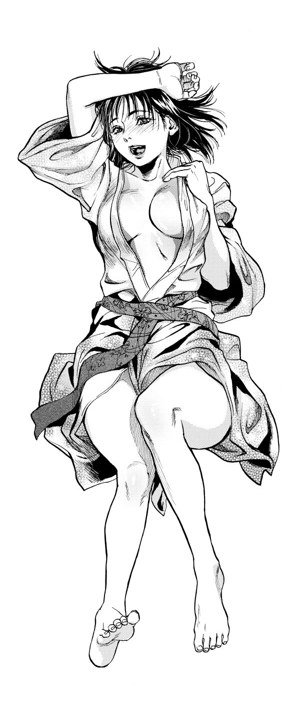 kishizuka kenji, bad id, bad pixiv id, highres, 1girl, barefoot, breasts, feet, female focus, greyscale, halftone, huge breasts, japanese clothes, kimono, lying, monochrome, open clothes, screentones, solo, toes
