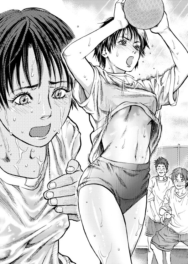 kishizuka kenji, bad id, bad pixiv id, 1girl, 2boys, ball, basket, basketball, basketball (object), bouncing breasts, breasts, buruma, clothes lift, covered erect nipples, greyscale, gym uniform, halftone, medium breasts, monochrome, multiple boys, screentones, see-through clothes, shirt lift, short hair, sweat, sweat stain, tomboy, underboob