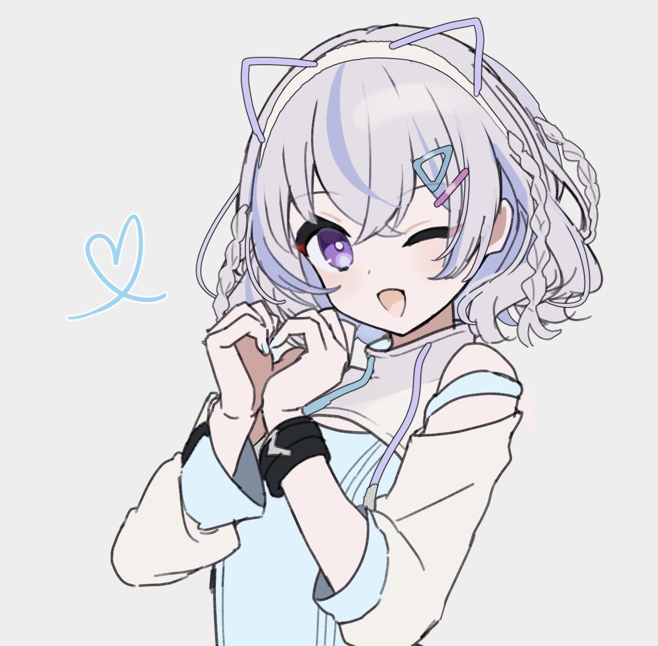 merry-san, miria (iriam), iriam, hashtag-only commentary, highres, 1girl, ;d, animal ear hairband, animal ears, blue hair, blue shirt, braid, cat ear hairband, cat ears, colored inner hair, fake animal ears, grey background, grey hair, hair ornament, hairband, hairclip, heart, heart hands, multicolored hair, one eye closed, open mouth, purple eyes, shirt, shrug (clothing), smile, solo, streaked hair, triangle hair ornament, two-tone hair, white shrug
