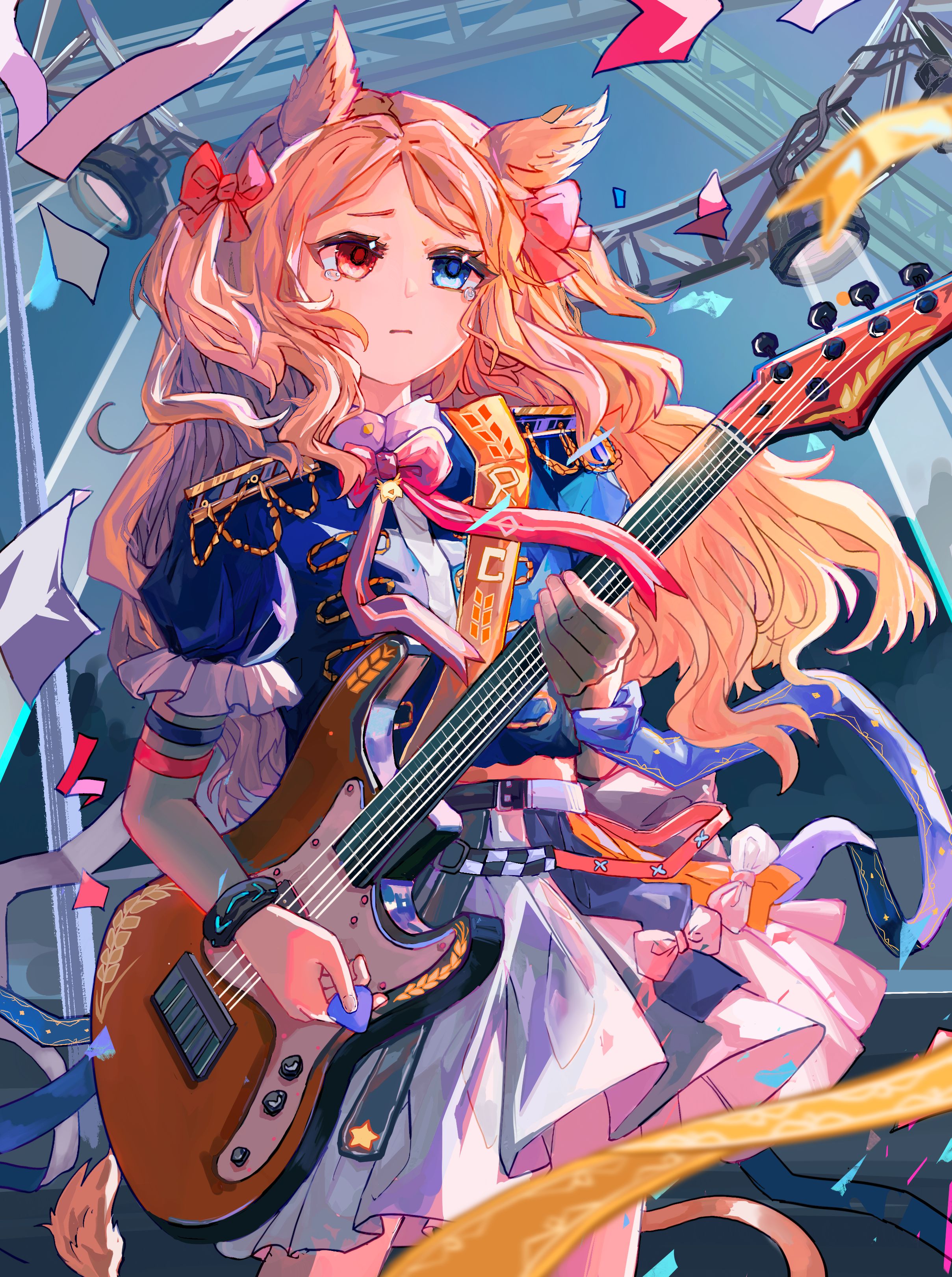 mo hai qianyu lai, archetto (arknights), archetto (publicity strategy) (arknights), infection monitor (arknights), arknights, absurdres, chinese commentary, commentary request, highres, 1girl, animal ears, bird ears, blonde hair, blue dress, blue eyes, bow, bowtie, collared dress, cowboy shot, dress, electric guitar, epaulettes, guitar, heterochromia, holding, holding guitar, holding instrument, holding plectrum, instrument, lion tail, long hair, official alternate costume, pink bow, pink bowtie, plectrum, puffy short sleeves, puffy sleeves, red eyes, sash, serious, short sleeves, solo, standing, tail, tearing up, white dress, yellow sash, yellow tail