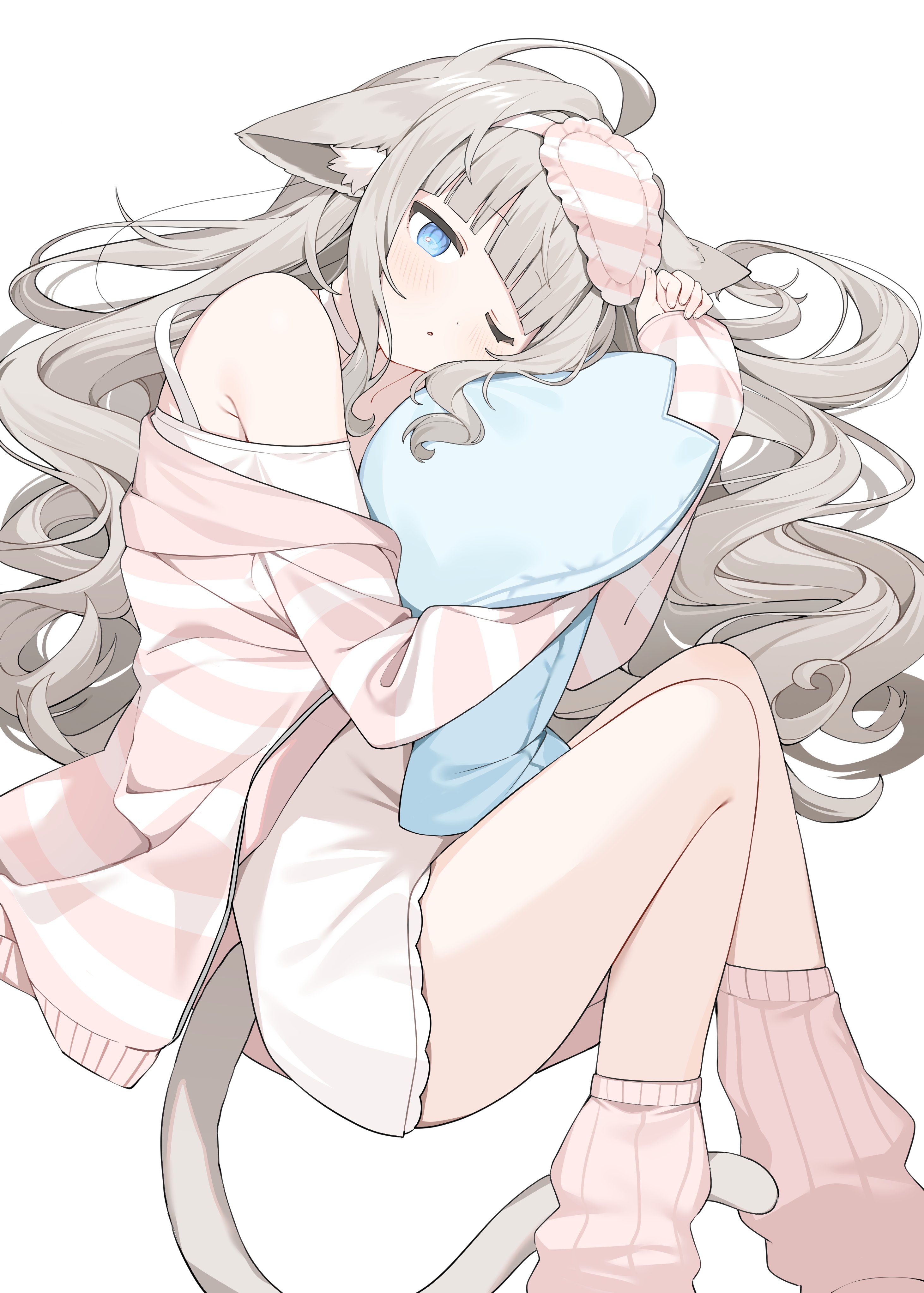 inuyayo, original, absurdres, highres, 1girl, ;o, animal ears, bare shoulders, blue eyes, blunt bangs, blush, braid, cat ears, cat girl, cat tail, dress, grey hair, hugging object, jacket, long hair, long sleeves, looking at viewer, lying, off shoulder, on side, one eye closed, pillow, pillow hug, simple background, sleep mask, sleeves past wrists, socks, solo, striped clothes, striped jacket, tail, very long hair, white background, white dress