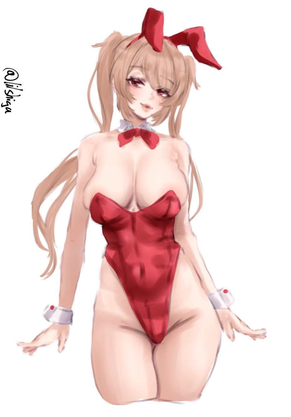 lilshigu, murasame (kancolle), kantai collection, highres, 1girl, animal ear hairband, animal ears, bow, bowtie, breasts, brown hair, detached collar, fake animal ears, hair flaps, hairband, highleg, highleg leotard, large breasts, leotard, lips, one-hour drawing challenge, parted lips, playboy bunny, rabbit ears, red bow, red bowtie, red eyes, red leotard, simple background, solo, strapless, strapless leotard, twintails, twitter username, white background, wrist cuffs
