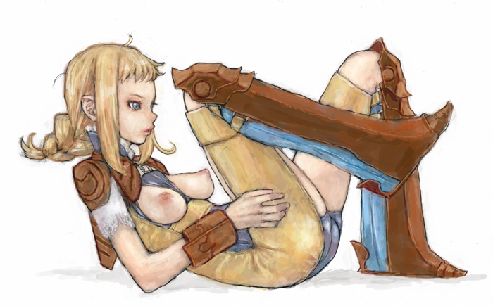ponsuke (pon00000), penelo, final fantasy, final fantasy xii, bad id, bad pixiv id, 00s, 1girl, armor, blonde hair, boots, braid, breasts, brown boots, female focus, lying, no bra, solo