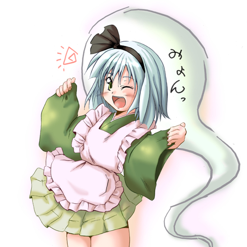 izou, konpaku youmu, konpaku youmu (ghost), touhou, lowres, 1girl, apron, blush, female focus, ghost, hairband, hitodama, one eye closed, ribbon, short hair, solo, wink