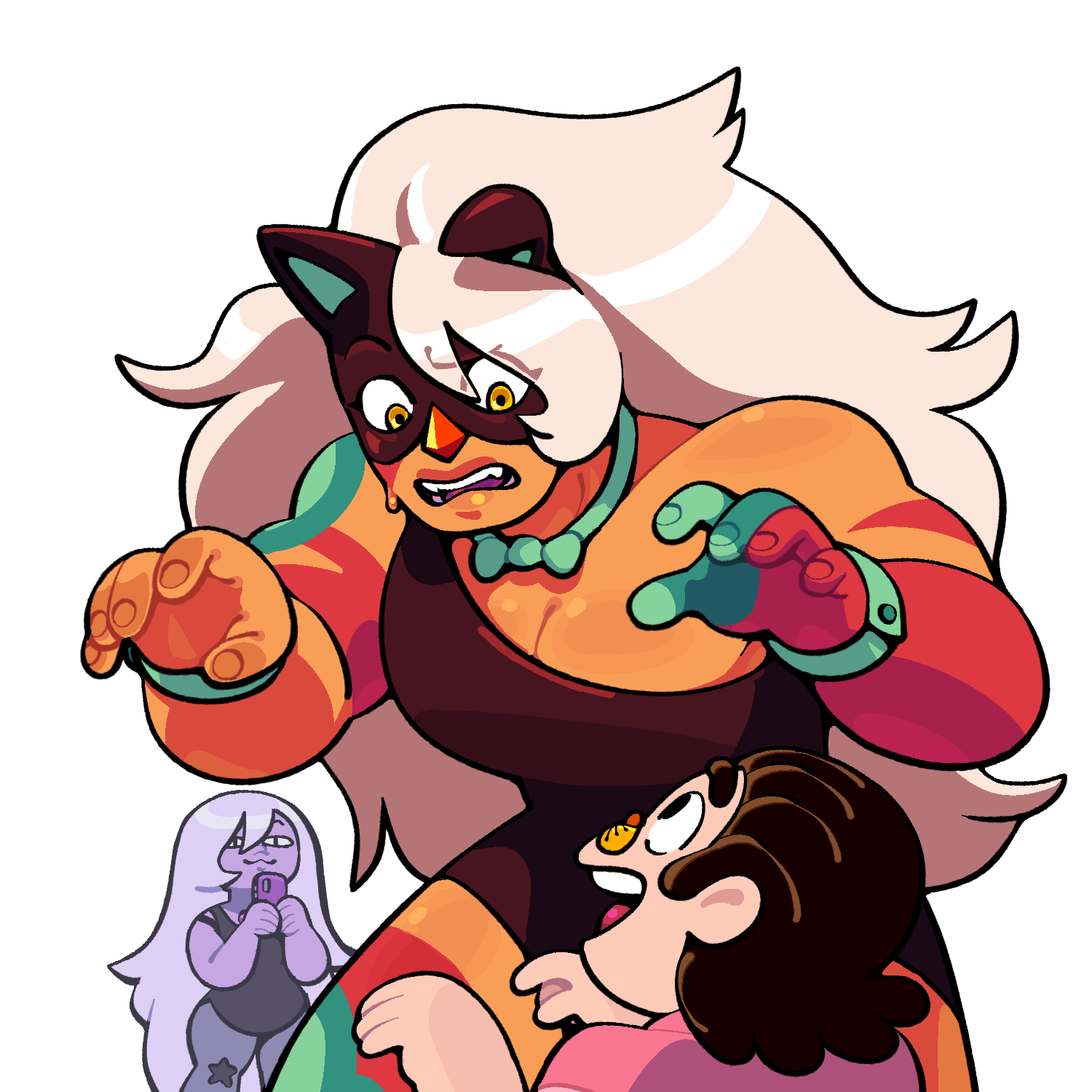 discount-supervillain, amethyst (steven universe), jasper (steven universe), steven quartz universe, steven universe, highres, alternate costume, colored skin, dress, eye mask, fangs, fingernails, gem, jasper (post-corruption) (steven universe), jasper (species) (steven universe), official alternate costume, official alternate hairstyle, orange skin, smile, teeth, tiger millionaire, white hair