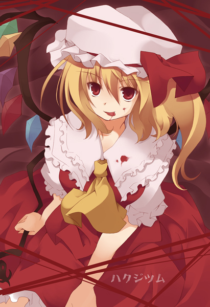 kiseki, mizuse kiseki, flandre scarlet, touhou, bad id, bad pixiv id, 1girl, blonde hair, blood, female focus, hat, mob cap, ponytail, ribbon, short hair, solo, tongue, wings