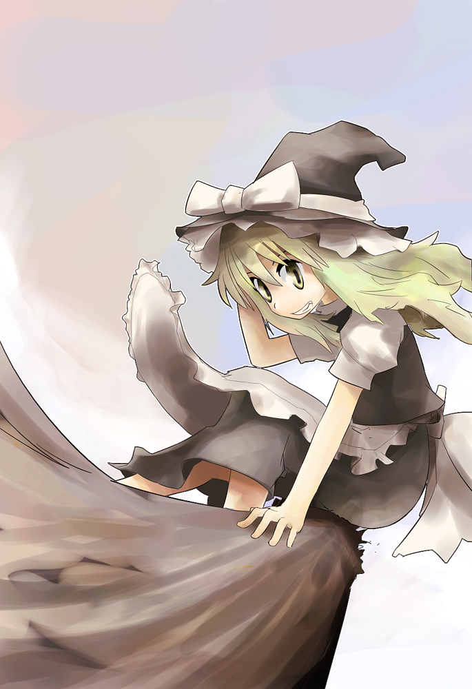 kamonari ahiru, kirisame marisa, touhou, 1girl, blonde hair, broom, broom riding, female focus, foreshortening, hat, long hair, ribbon, sidesaddle, solo