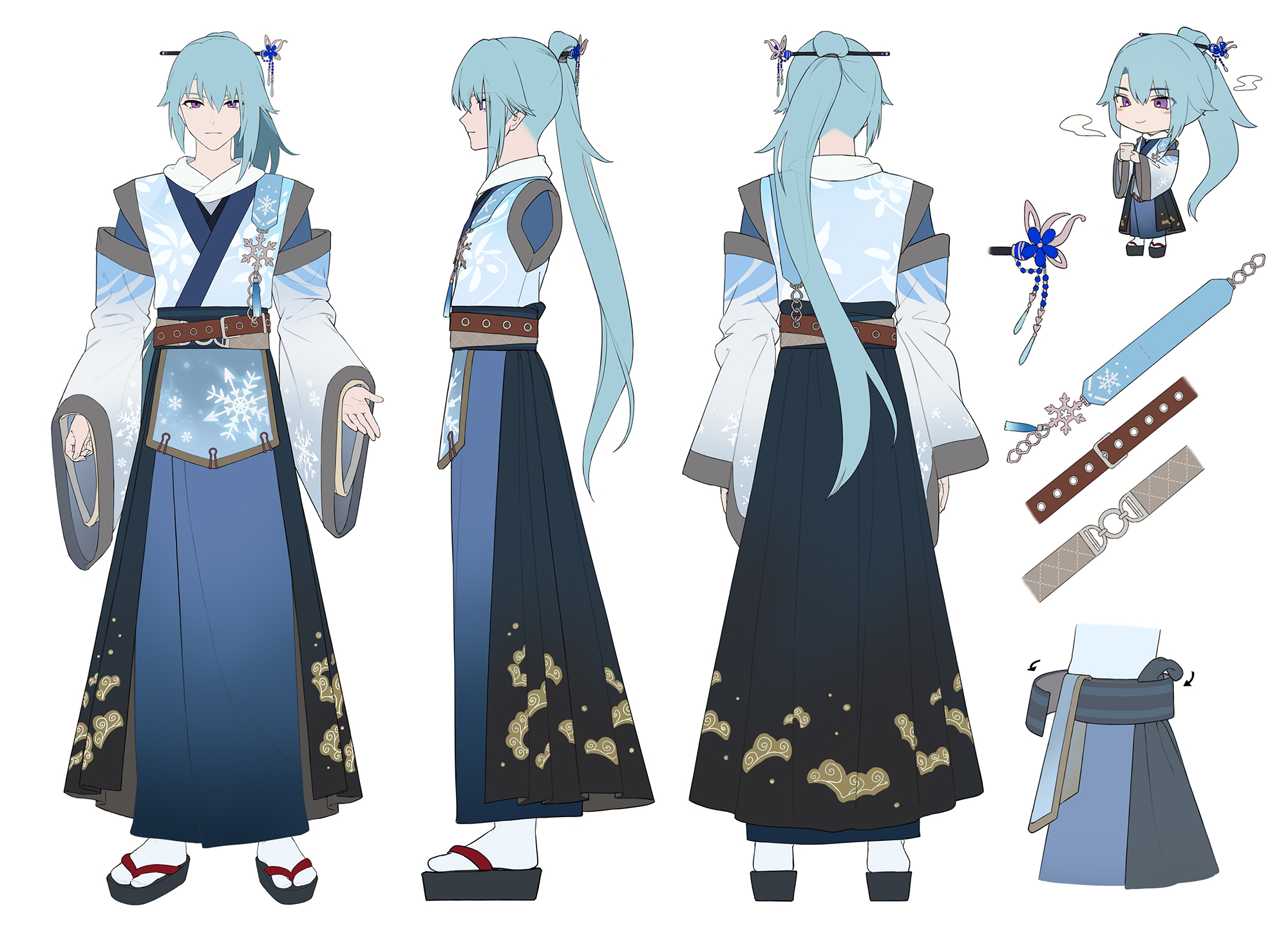 ainy, indie virtual youtuber, commentary request, highres, 1boy, blue hair, blue kimono, chibi, closed mouth, flat color, full body, hair between eyes, hair ornament, hair stick, hiroya sekka, japanese clothes, kimono, long hair, long sleeves, looking at viewer, male focus, multiple views, okobo, platform sandals, ponytail, purple eyes, reference sheet, sandals, simple background, socks, standing, tabi, virtual youtuber, white background, white socks, wide sleeves