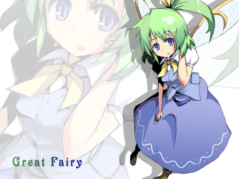 kasuga ayumu (artist), kasuga ayumu (haruhipo), daiyousei, embodiment of scarlet devil, touhou, bad id, bad pixiv id, 1girl, english text, female focus, green hair, kasuga (pixiv), ponytail, ribbon, solo, wings