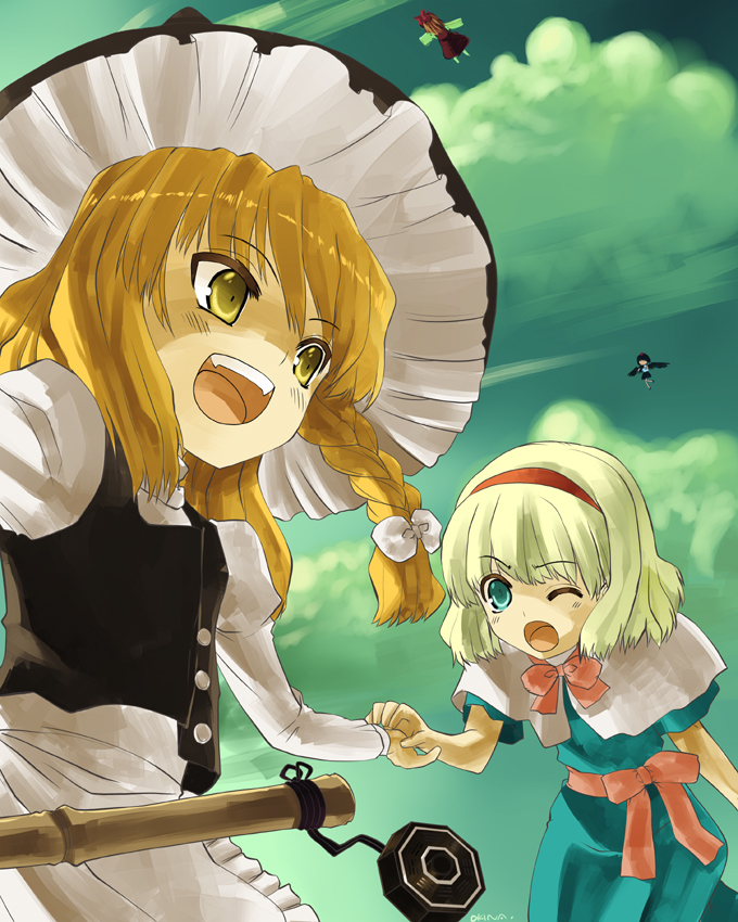 okina ika, alice margatroid, hakurei reimu, kirisame marisa, shameimaru aya, touhou, bad id, bad pixiv id, 4girls, black hair, black wings, blonde hair, blue eyes, female focus, flying, hairband, hat, holding hands, long hair, multiple girls, one eye closed, ribbon, short hair, smile, wings, wink, yellow eyes
