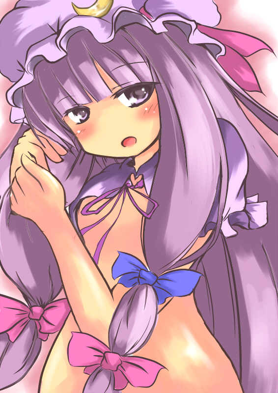 crot (pixiv), kuroto (asgardh), patchouli knowledge, touhou, 1girl, blush, bow, female focus, hat, long hair, nude, pink bow, purple hair, ribbon, solo