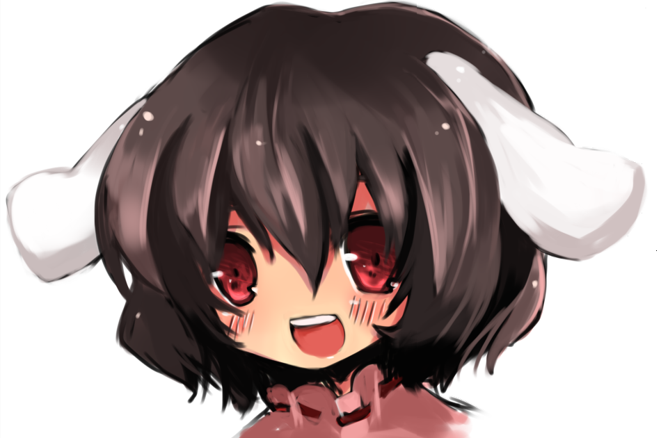 yoshimura azusa, inaba tewi, touhou, bad id, bad pixiv id, 1girl, animal ears, black hair, female focus, rabbit ears, red eyes, short hair, simple background, smile, solo, white background