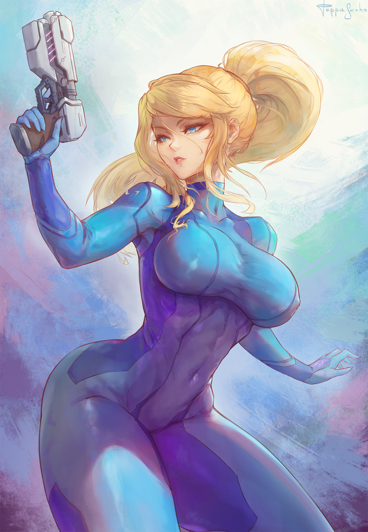 pappaserho, samus aran, metroid, nintendo, commentary, english commentary, highres, 1girl, artist name, blonde hair, blue bodysuit, blue eyes, bodysuit, breasts, covered navel, cowboy shot, floating hair, gun, hand up, handgun, high ponytail, holding, holding gun, holding weapon, impossible bodysuit, impossible clothes, large breasts, long hair, looking to the side, outstretched arm, paralyzer, parted lips, ponytail, skin tight, solo, standing, trigger discipline, weapon, zero suit