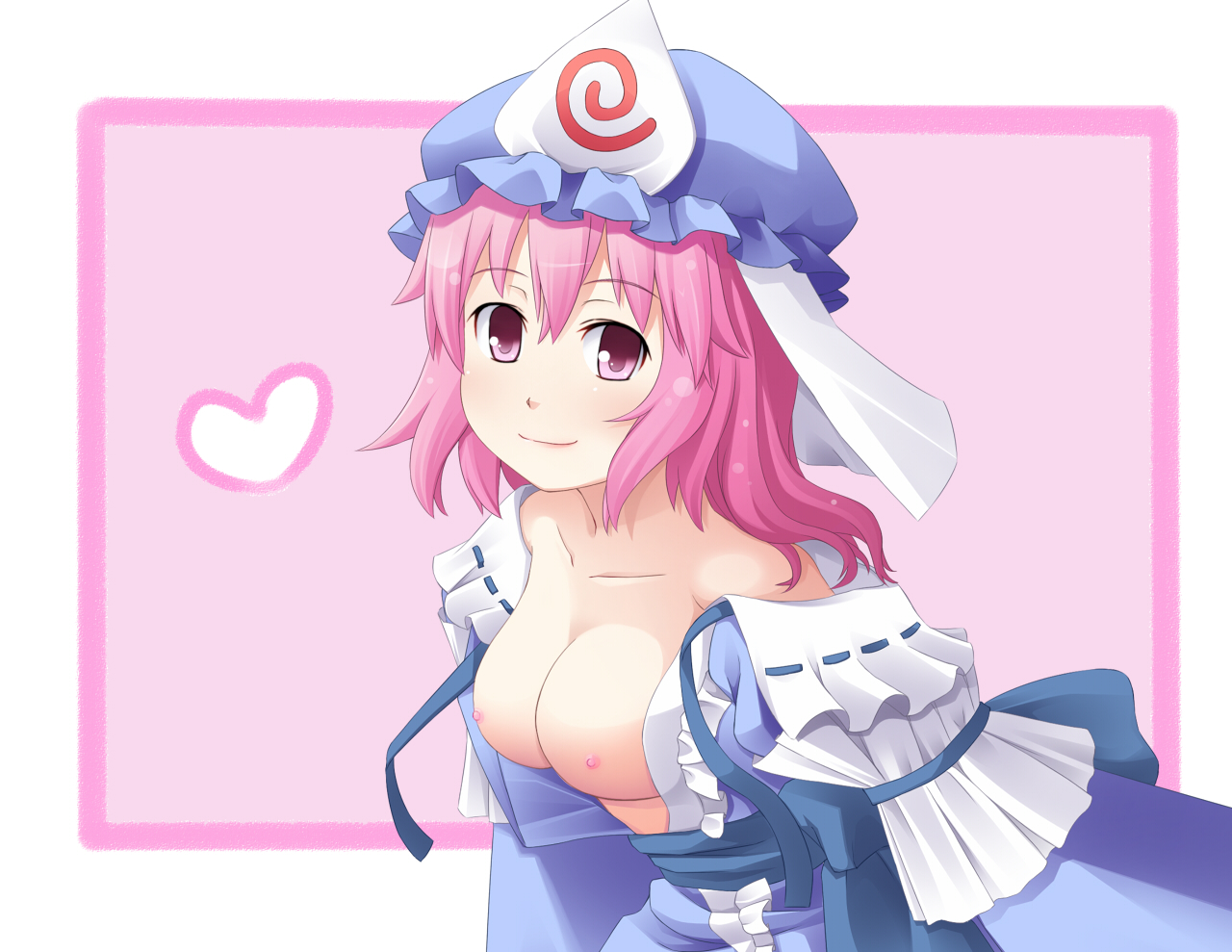 pikuseru, saigyouji yuyuko, touhou, md5 mismatch, 1girl, breasts, collarbone, female focus, hat, heart, japanese clothes, kimono, nipples, open clothes, pink eyes, pink hair, short hair, smile, solo