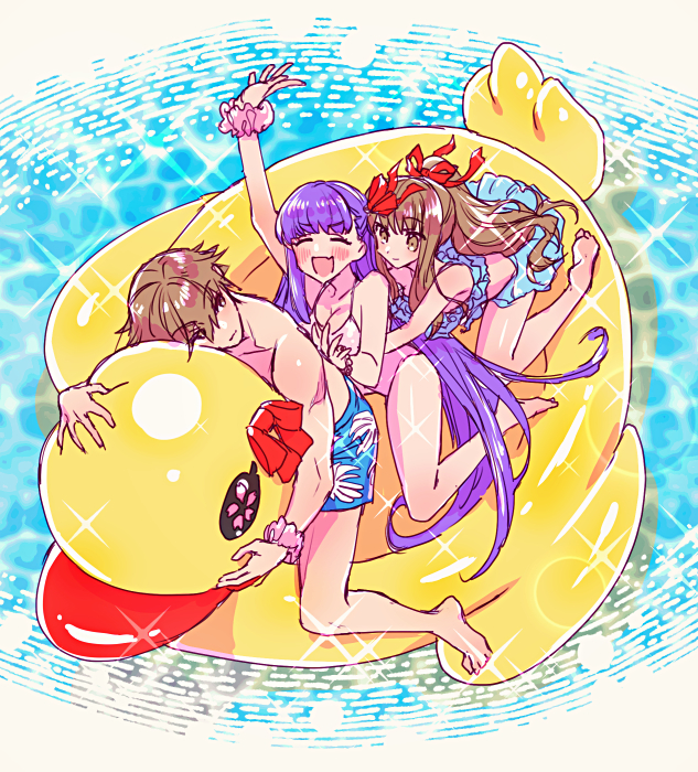nutschan24, bb (fate), kishinami hakuno (female), kishinami hakuno (male), fate/extra, fate/extra ccc, fate (series), commentary request, 1boy, 2girls, arm up, bikini, blue bikini, blue shorts, blunt bangs, blush, border, breasts, brown eyes, brown hair, cleavage, closed eyes, dual persona, duck innertube, fang, floral print, frills, hair between eyes, hair ribbon, high ponytail, innertube, large breasts, long hair, looking at another, looking back, multiple girls, one-piece swimsuit, open mouth, pink one-piece swimsuit, ponytail, purple hair, red ribbon, ribbon, short hair, shorts, sidelocks, sitting, skin fang, smile, sparkle, summer, swim ring, swimsuit, v-shaped eyebrows, water, white border, wrist cuffs