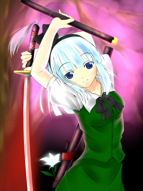 kurobane (nagarutuki), konpaku youmu, touhou, 1girl, blue eyes, blue hair, female focus, katana, matching hair/eyes, ribbon, school uniform, serafuku, short hair, solo, sword, weapon