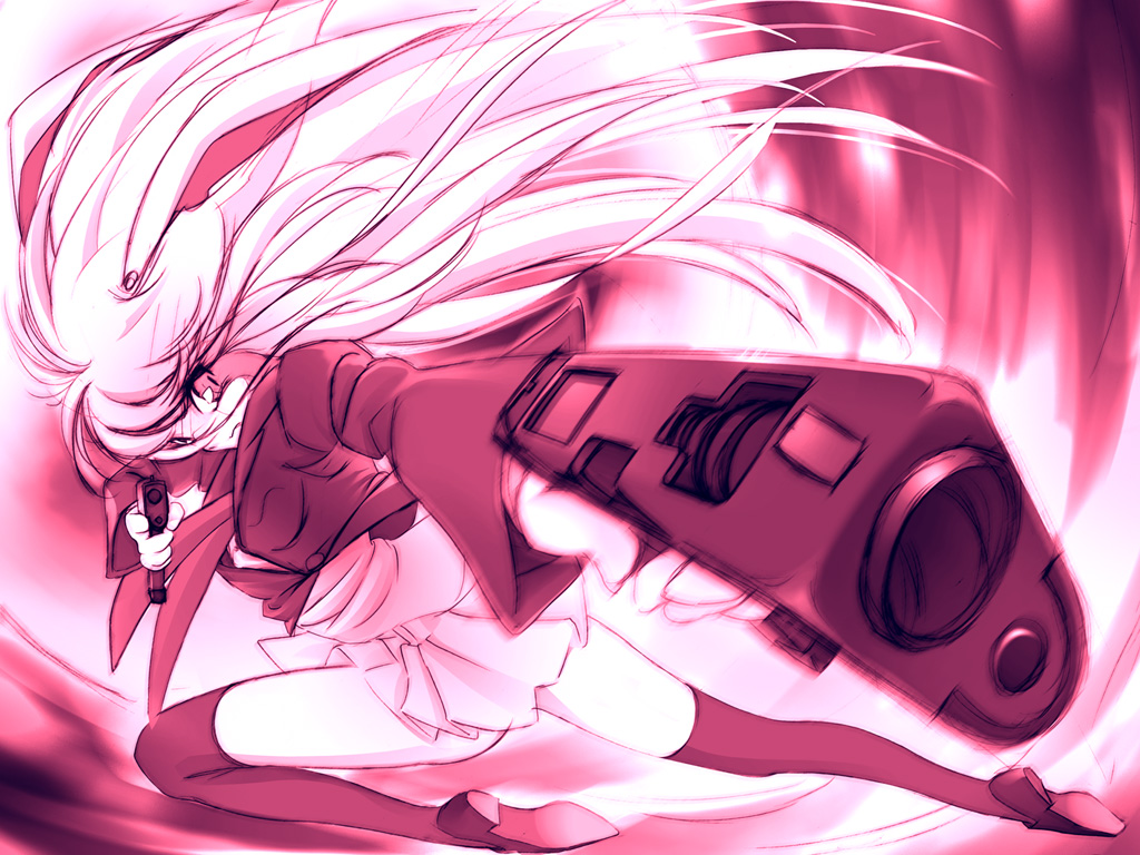 pikuseru, reisen udongein inaba, touhou, 1girl, animal ears, female focus, foreshortening, gun, long hair, monochrome, rabbit ears, red theme, skirt, solo, weapon