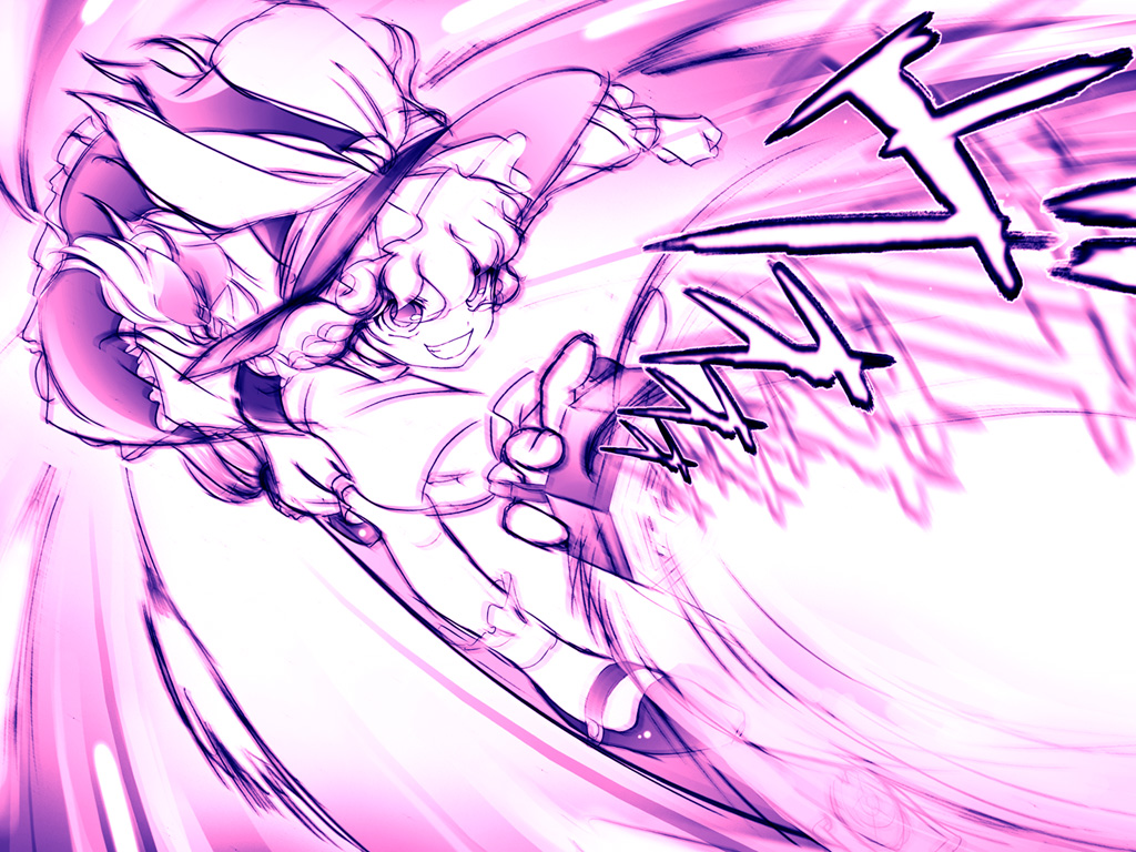 pikuseru, kirisame marisa, touhou, bad id, bad pixiv id, 1girl, bow, danmaku, female focus, grin, hat, hat bow, long hair, master spark, mini-hakkero, monochrome, purple theme, ribbon, smile, solo, witch hat