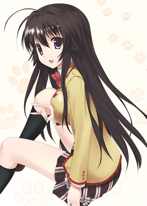 mizuki makoto, minamoto chizuru, kanokon, 00s, 1girl, black hair, blazer, female focus, fox shadow puppet, hair flaps, jacket, long hair, plaid clothes, plaid skirt, school uniform, skirt, solo