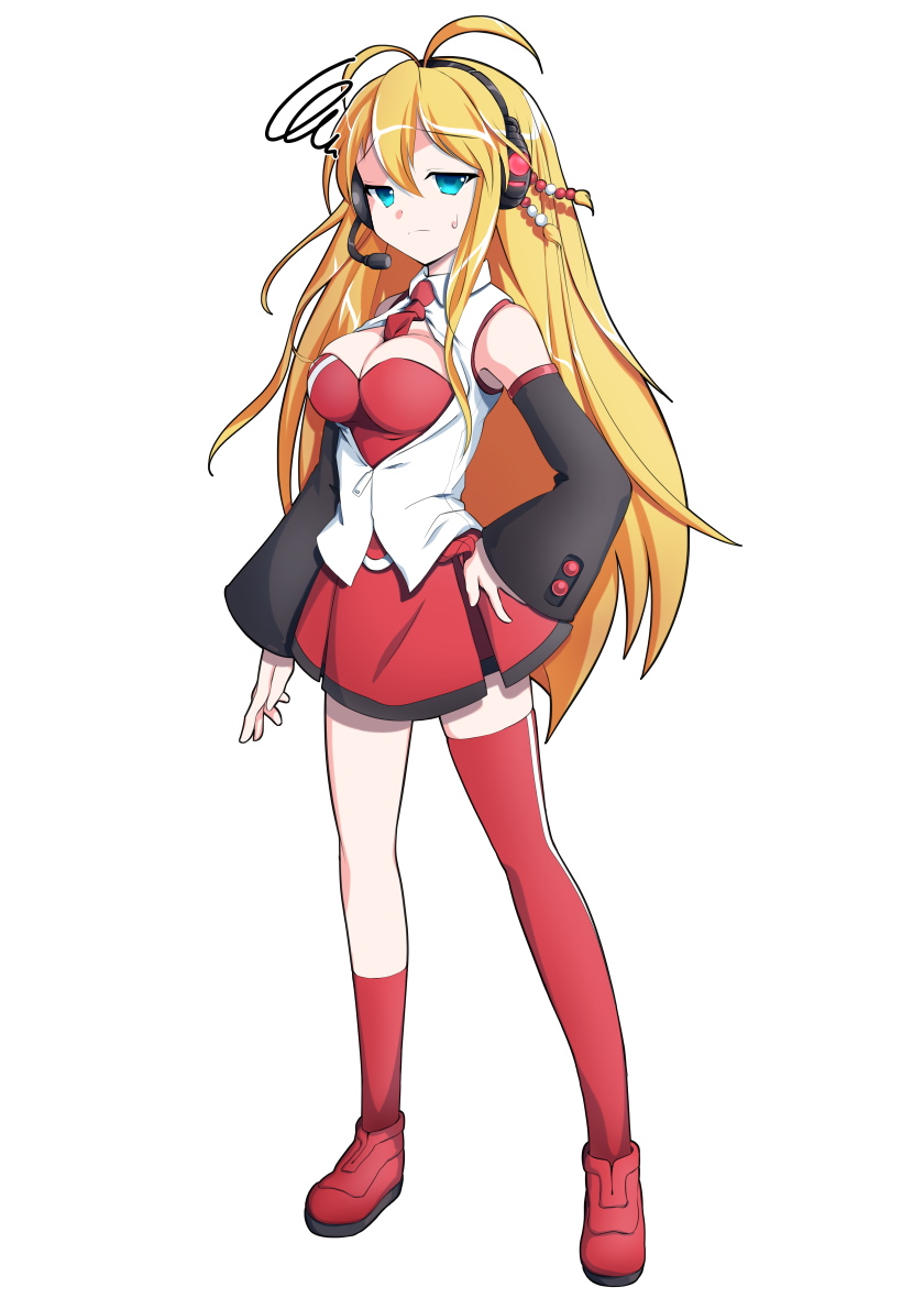 dairi, tsurumaki maki, voiceroid, commentary request, large variant set, variant set, 1girl, :|, antenna hair, bare shoulders, black sleeves, black trim, blonde hair, blue eyes, boots, bow, bowtie, breasts, cleavage, closed mouth, collared shirt, detached sleeves, eyelashes, full body, hair between eyes, hair ornament, half-closed eyes, hand on own hip, headset, kneehighs, large breasts, leotard, long hair, long sleeves, miniskirt, mismatched socks, red boots, red bow, red bowtie, red leotard, red skirt, red socks, red thighhighs, shirt, simple background, skindentation, skirt, sleeveless, sleeveless shirt, socks, solo, spiral, standing, sweatdrop, tachi-e, thighhighs, transparent background, white shirt, wing collar