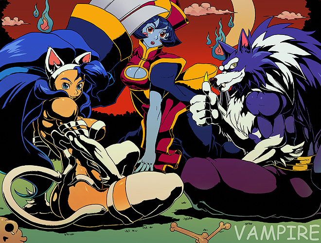 torashiro eiji, felicia (darkstalkers), hsien-ko, jon talbain, capcom, darkstalkers, 1boy, 2girls, animal hands, big hair, copyright name, flipped hair, furry, furry male, multiple girls, muscular, vampire, werewolf