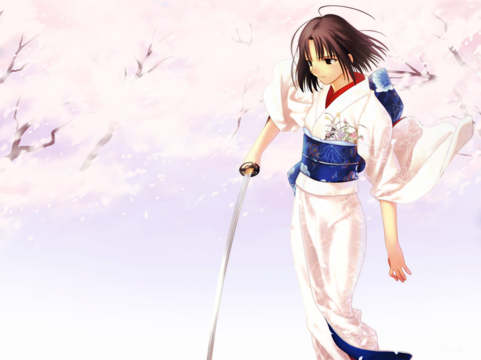 takeuchi takashi, ryougi shiki, kara no kyoukai, highres, 1girl, cherry blossoms, female focus, japanese clothes, kimono, outdoors, short hair, solo, sword, weapon