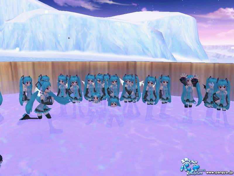 hatsune miku, kooh (pangya), pangya, vocaloid, screencap, non-web source, 3d, 6+girls, cosplay, hatsune miku (cosplay), multiple girls