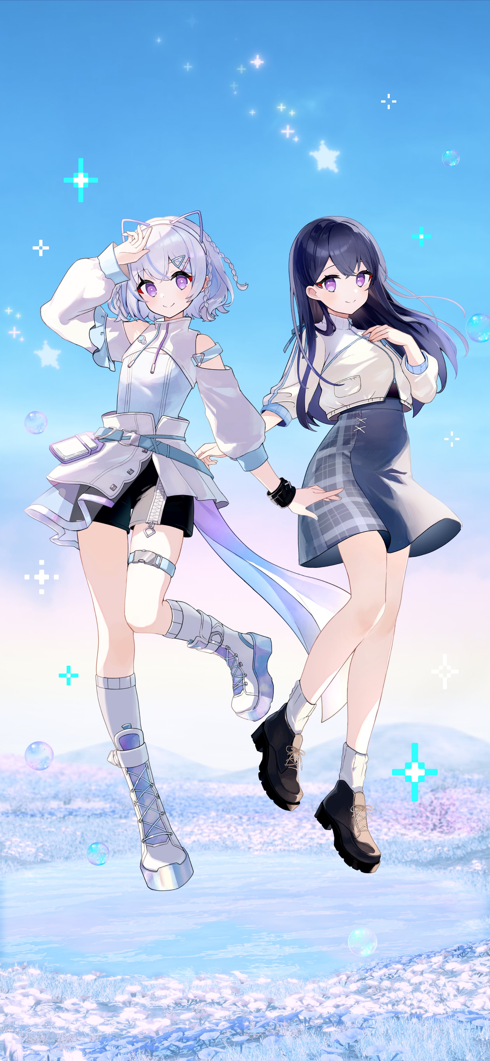 merry-san, miria (iriam), iriam, absurdres, commentary request, highres, official art, second-party source, 2girls, animal ear hairband, animal ears, belt, black hair, black shoes, black shorts, blue belt, blue hair, blue shirt, blue skirt, blush, braid, breasts, cat ear hairband, cat ears, cellphone, closed mouth, dual persona, fake animal ears, full body, hair ornament, hairband, hairclip, jacket, kneehighs, kurumi (iriam), long hair, looking at viewer, medium hair, multicolored hair, multiple girls, phone, purple eyes, shirt, shoelaces, shoes, shorts, shorts under skirt, shrug (clothing), skirt, sleeveless, sleeveless shirt, smile, socks, star (symbol), streaked hair, thigh strap, triangle hair ornament, white hair, white jacket, white shoes, white shrug, white skirt, white socks, zipper pull tab