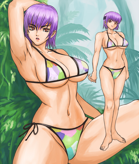 ibanen, ayane (doa), dead or alive, tecmo, bad id, bad pixiv id, 1girl, armpits, bikini, breasts, jungle, large breasts, nature, purple hair, red eyes, side-tie bikini bottom, swimsuit